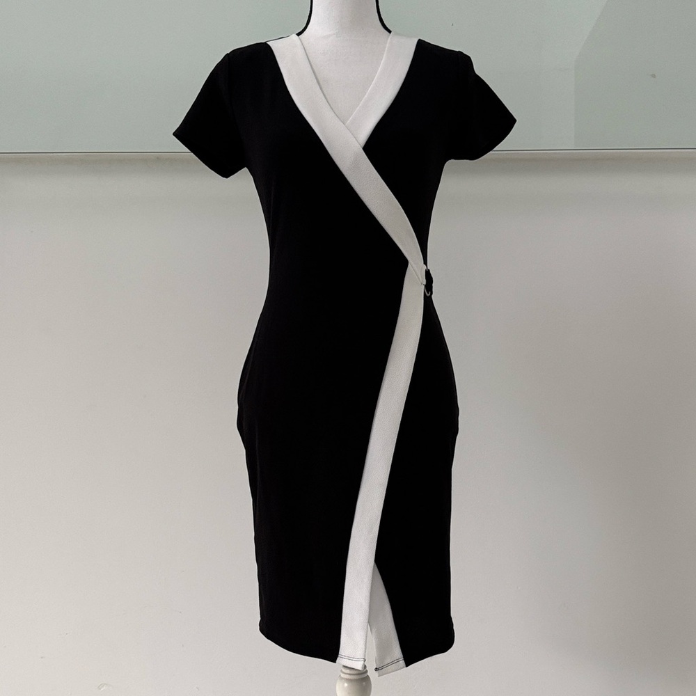 🖤 Almost Famous Black Dress w/ White Accents – Size M, Stretchy & Elegant 🖤